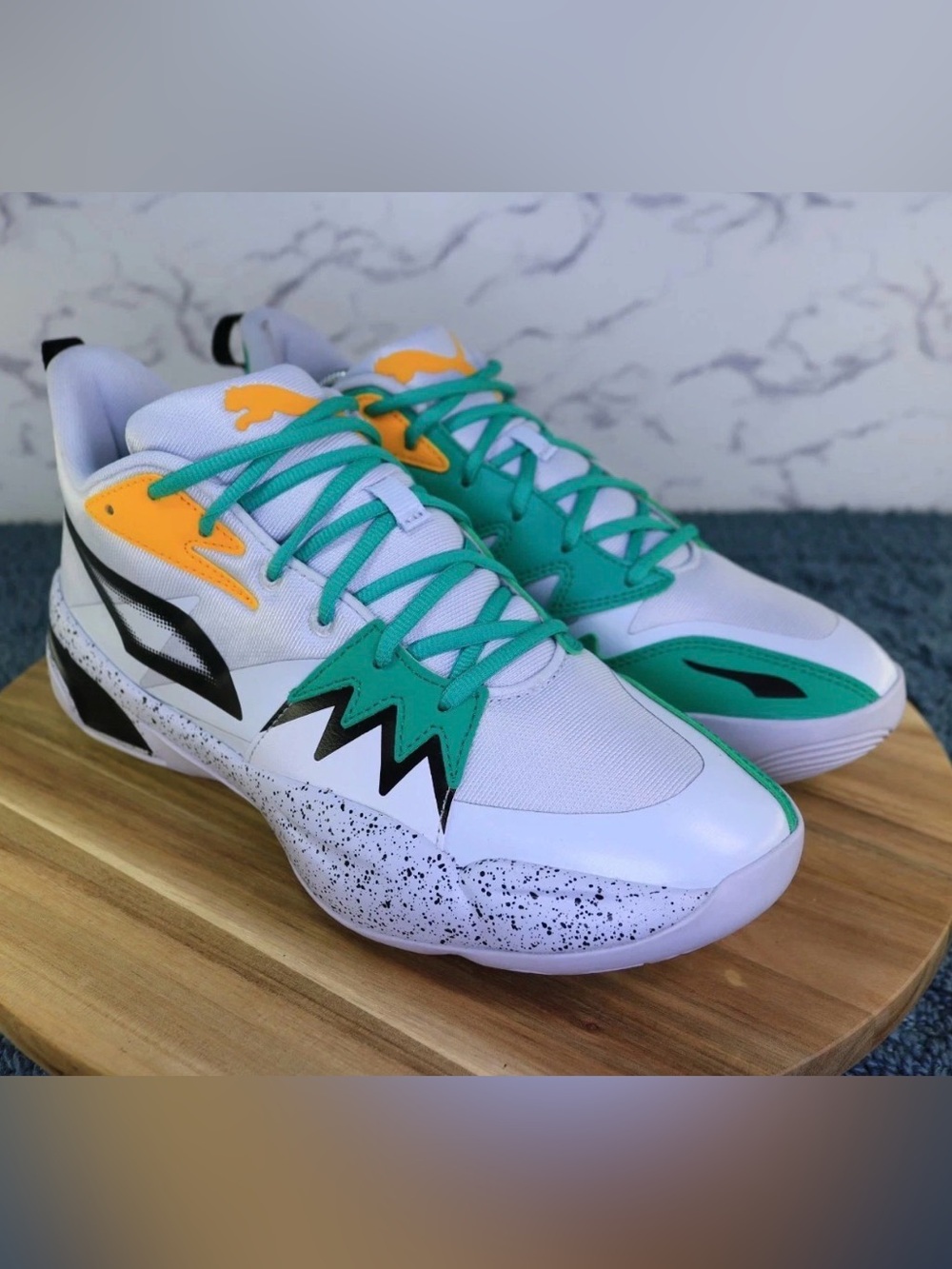 Puma Genetics White Teal Yellow Basketball Low Shoes Speckle Sneaker Men's Sz 12